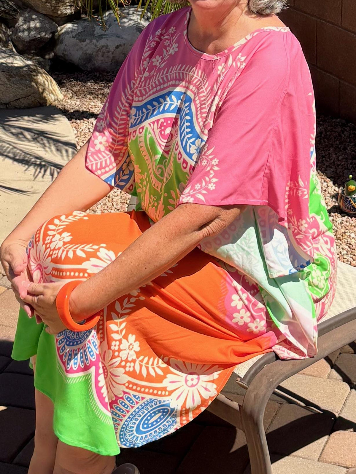 Casual AnyWear Dress, Pink, Orange and Green Rayon Fabric,  Cruise Resort Wear