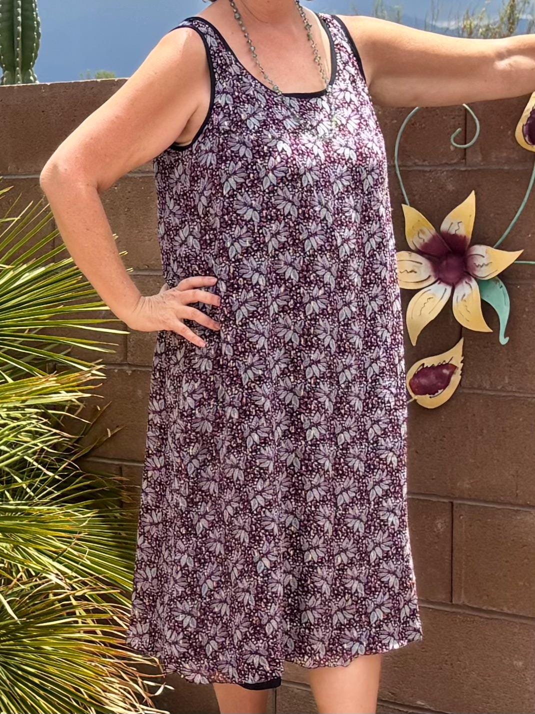 Reversible Purple Black Rayon Flip Dress, Sleeveless A-Line Resort and Cruise Wear