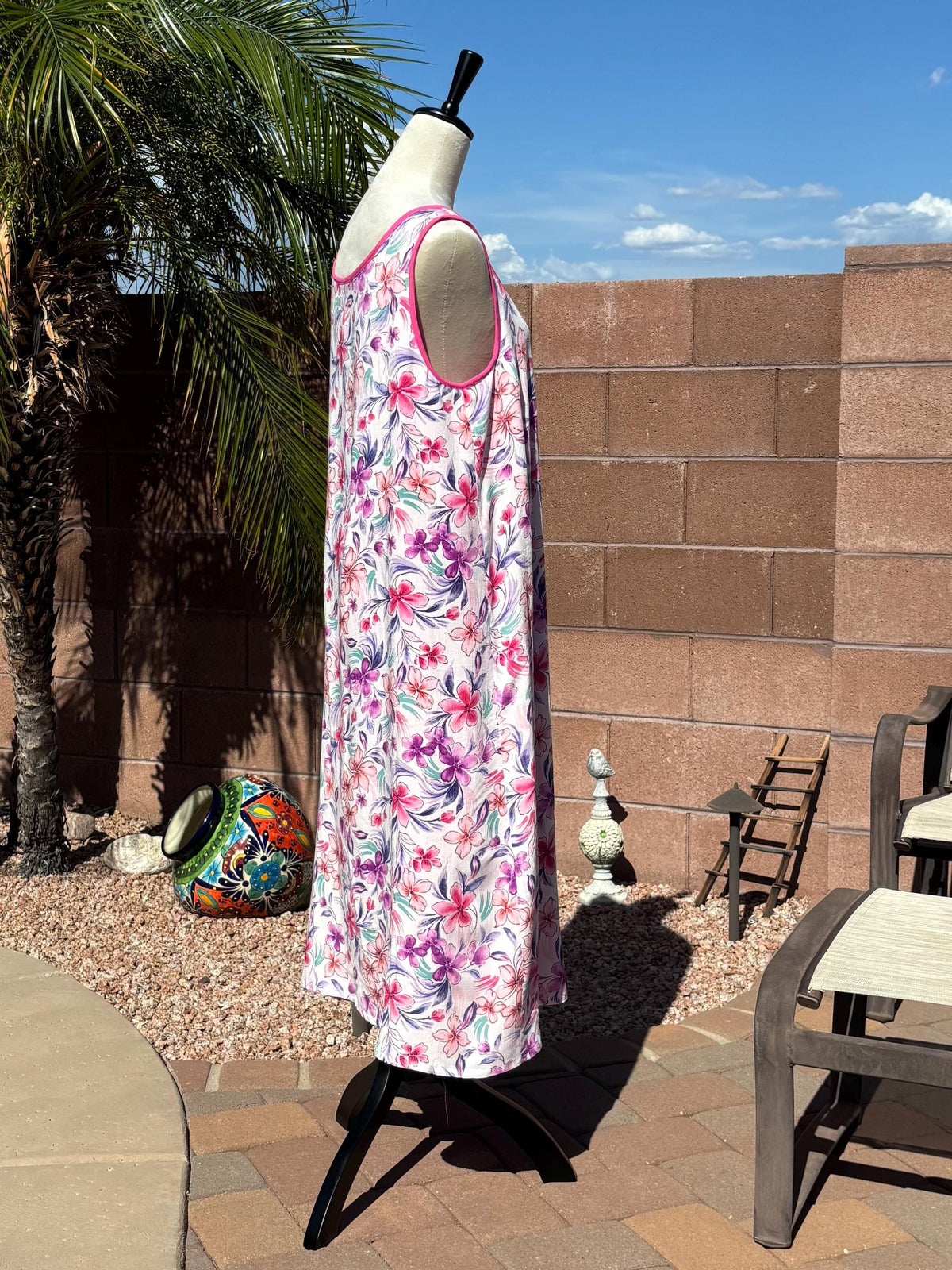 Reversible Floral Pink Rayon Flip Dress, Sleeveless A-Line Resort and Cruise Wear