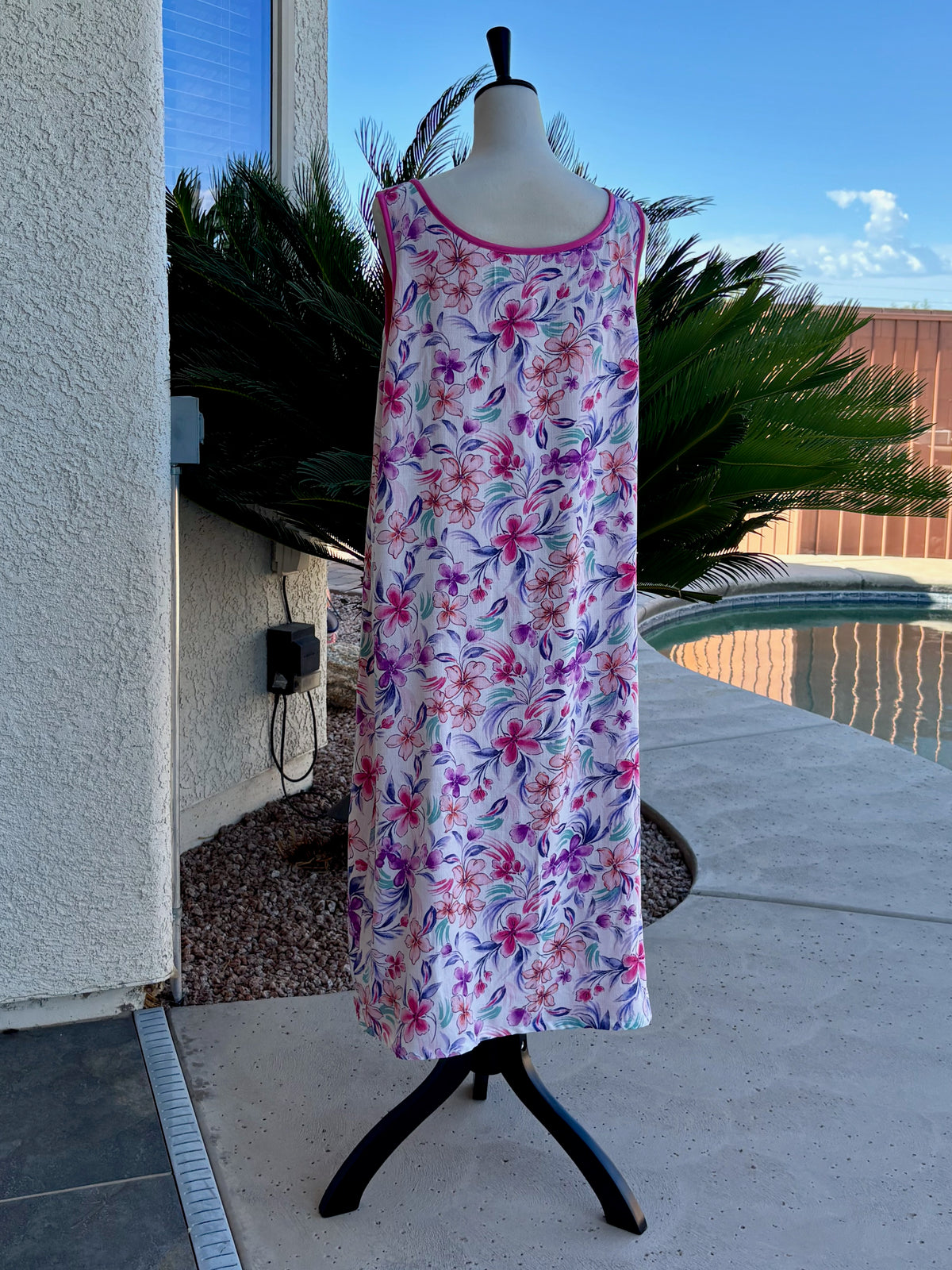 Reversible Floral Pink Rayon Dress, Sleeveless A-Line Resort and Cruise Wear