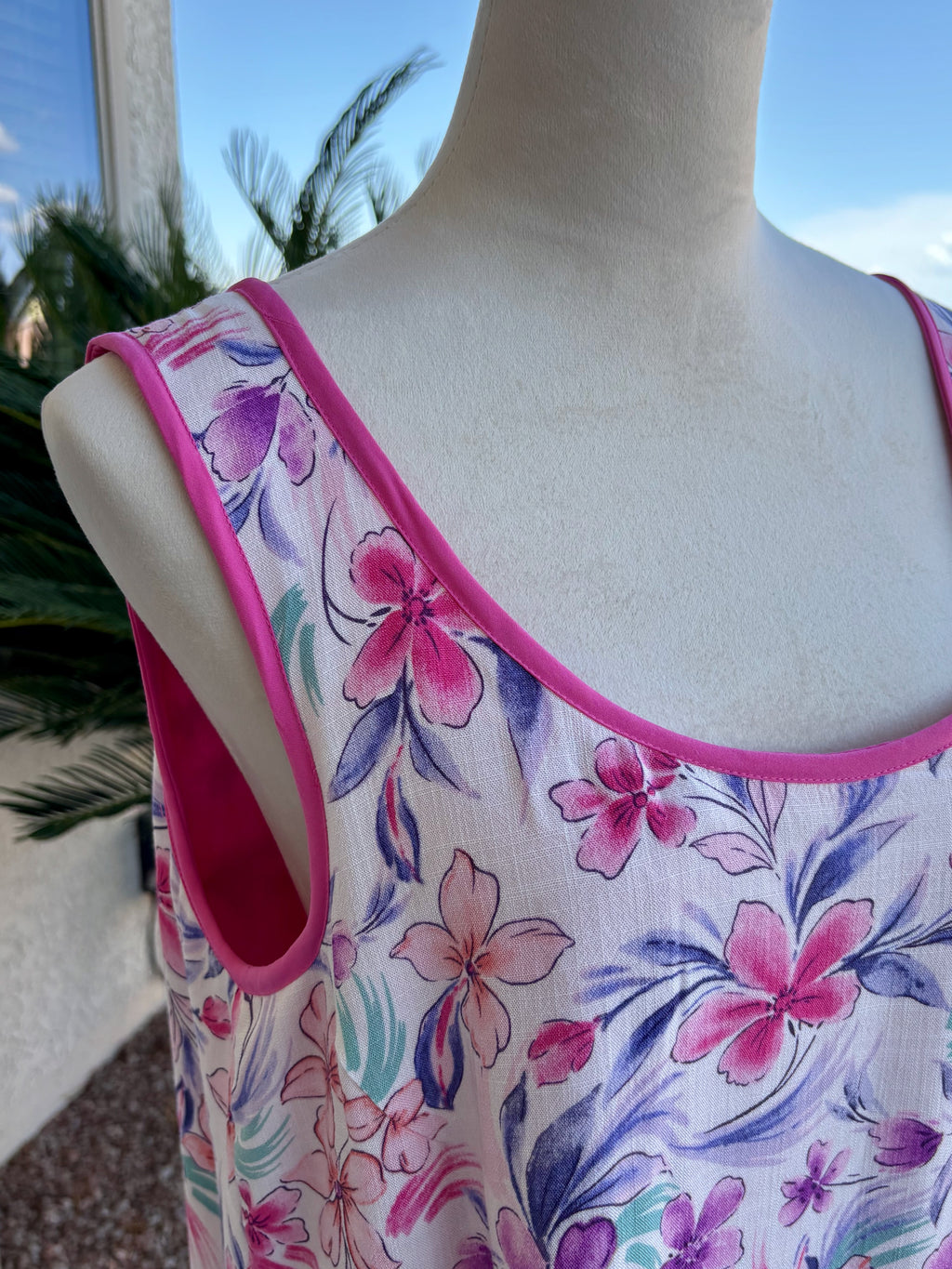 Reversible Floral Pink Rayon Dress, Sleeveless A-Line Resort and Cruise Wear