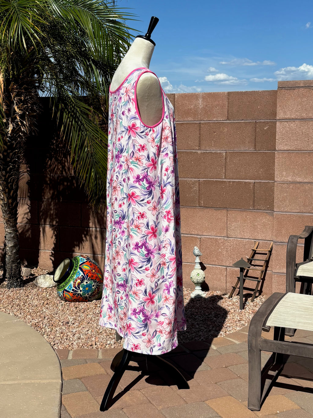 Reversible Floral Pink Rayon Dress, Sleeveless A-Line Resort and Cruise Wear