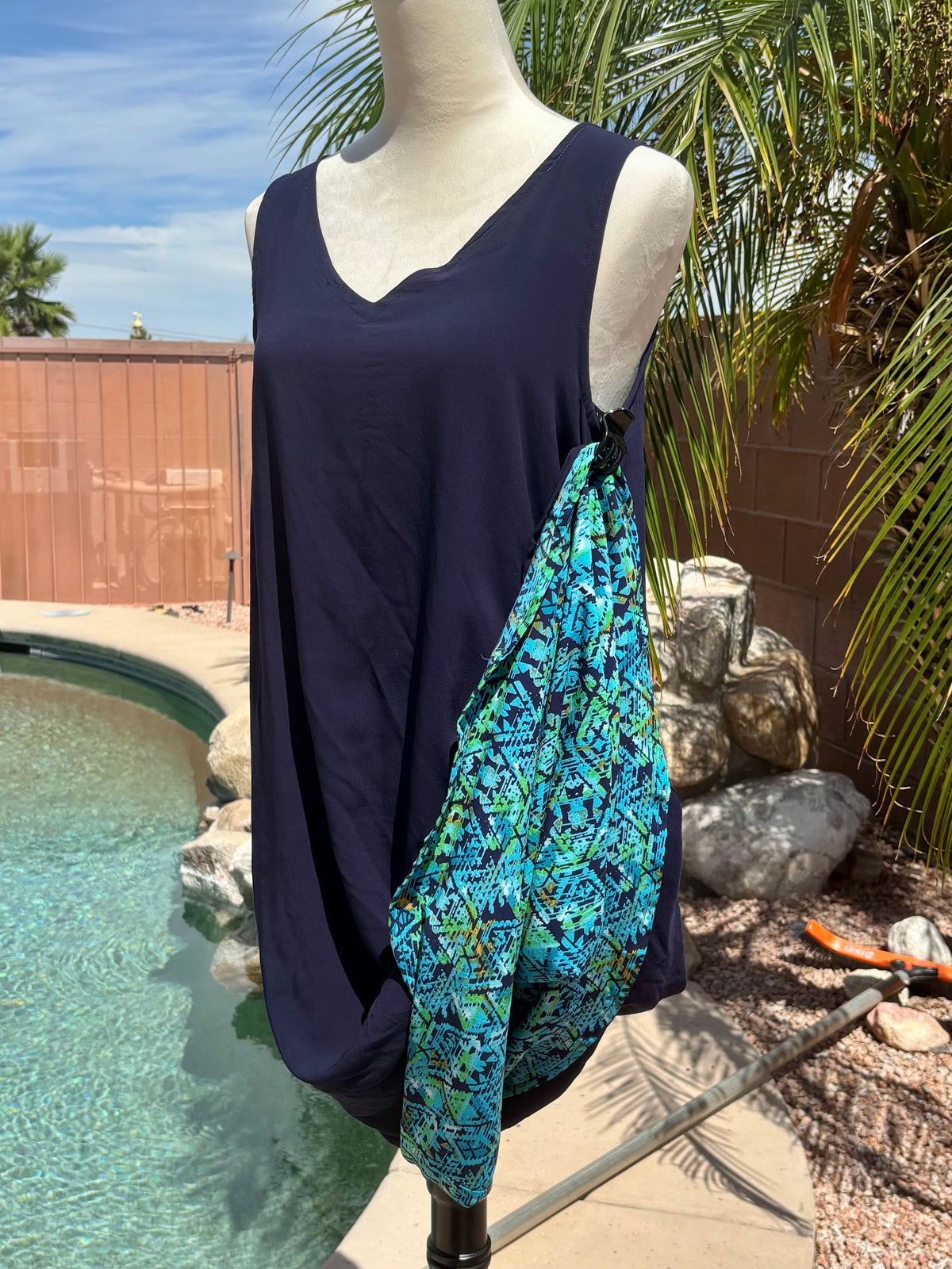 Reversible Aqua Navy Lime Rayon Flip Dress, Sleeveless A-Line Resort and Cruise Wear