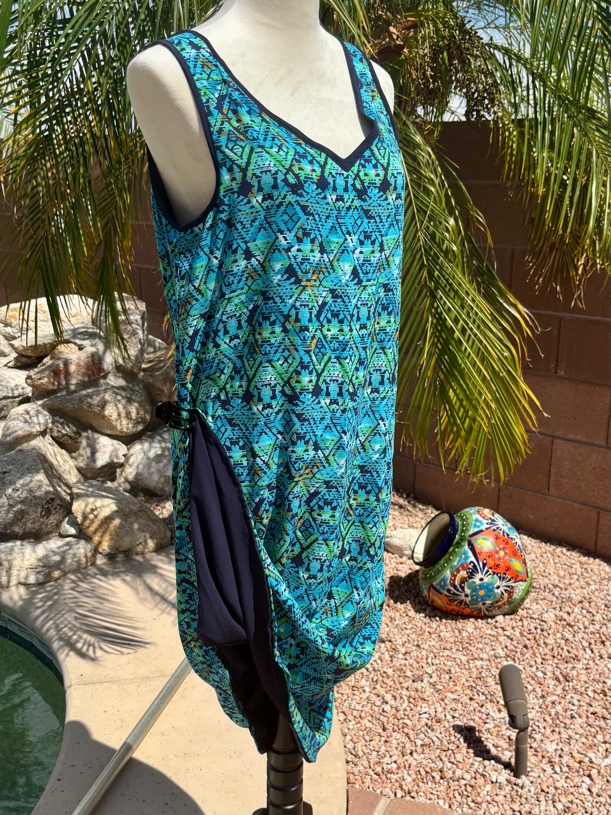 Reversible Aqua Navy Lime Rayon Flip Dress, Sleeveless A-Line Resort and Cruise Wear