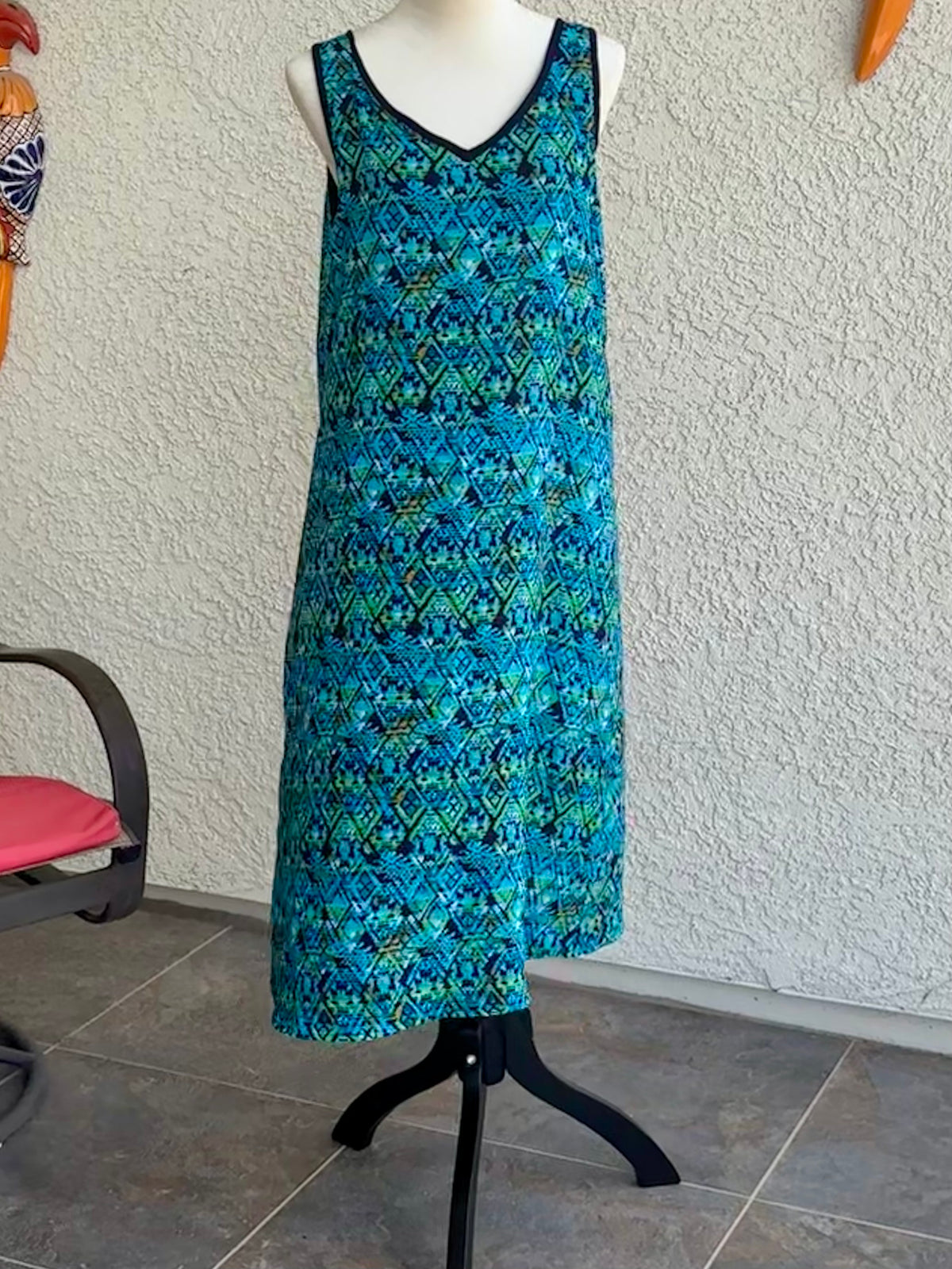 Reversible Aqua Navy Lime Rayon Flip Dress, Sleeveless A-Line Resort and Cruise Wear