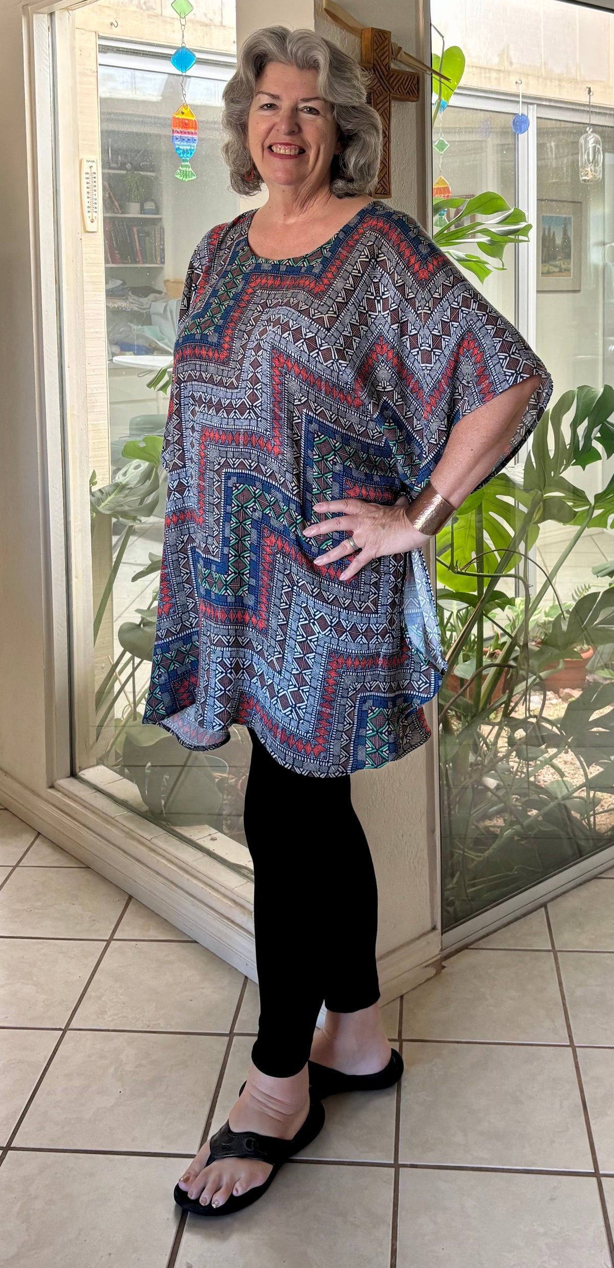 Casual AnyWear Tunic with Sash, Red, Black and Blue Rayon Fabric,  Plus Size, Cruise Resort Wear