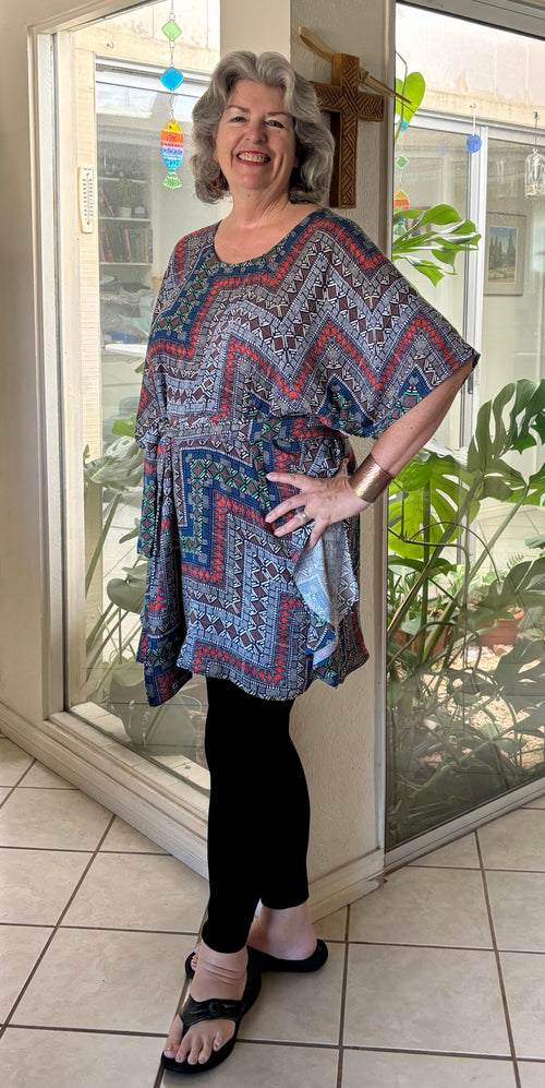 Casual AnyWear Tunic with Sash, Red, Black and Blue Rayon Fabric,  Plus Size, Cruise Resort Wear