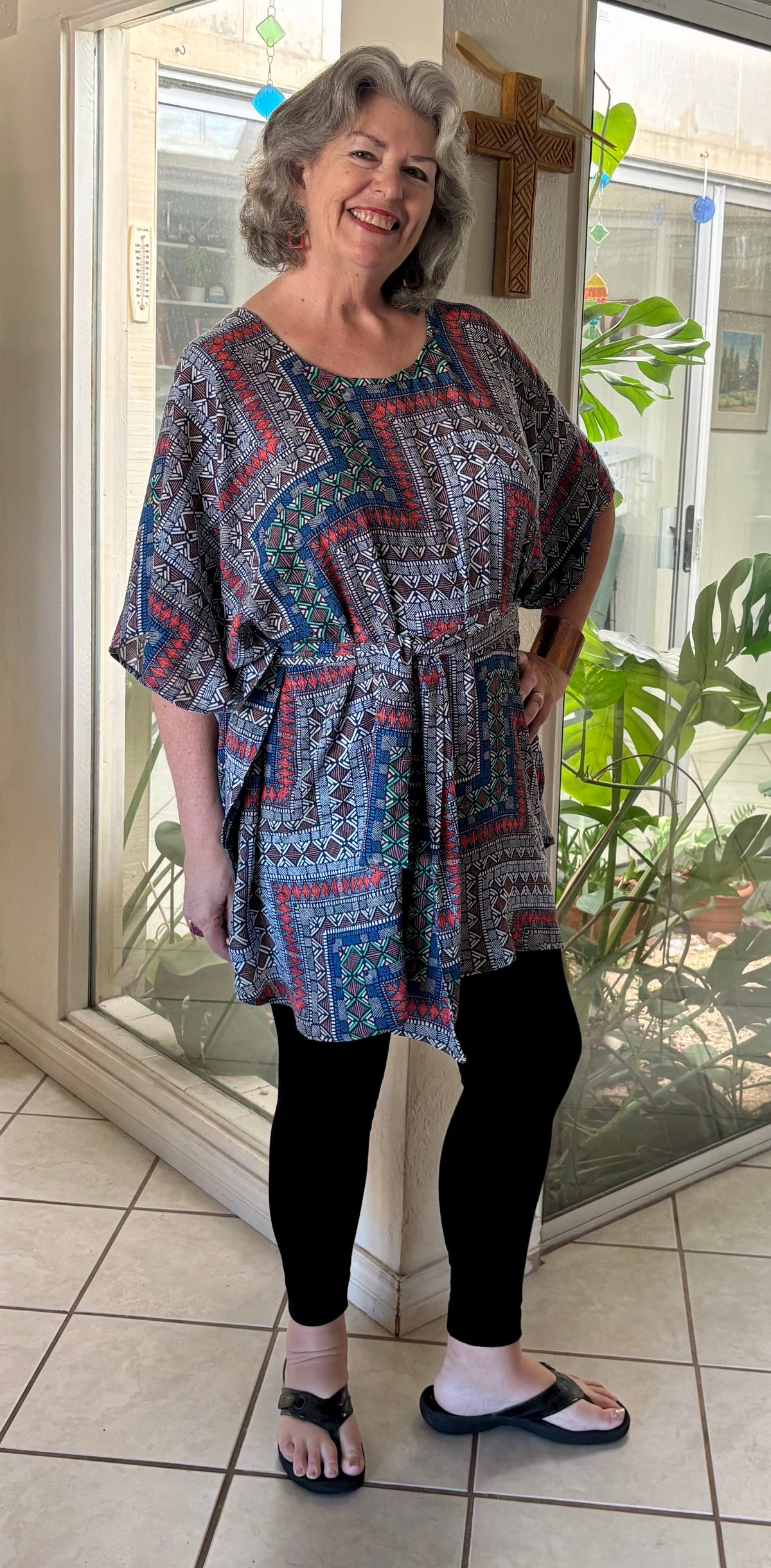 Casual AnyWear Tunic with Sash, Red, Black and Blue Rayon Fabric,  Plus Size, Cruise Resort Wear