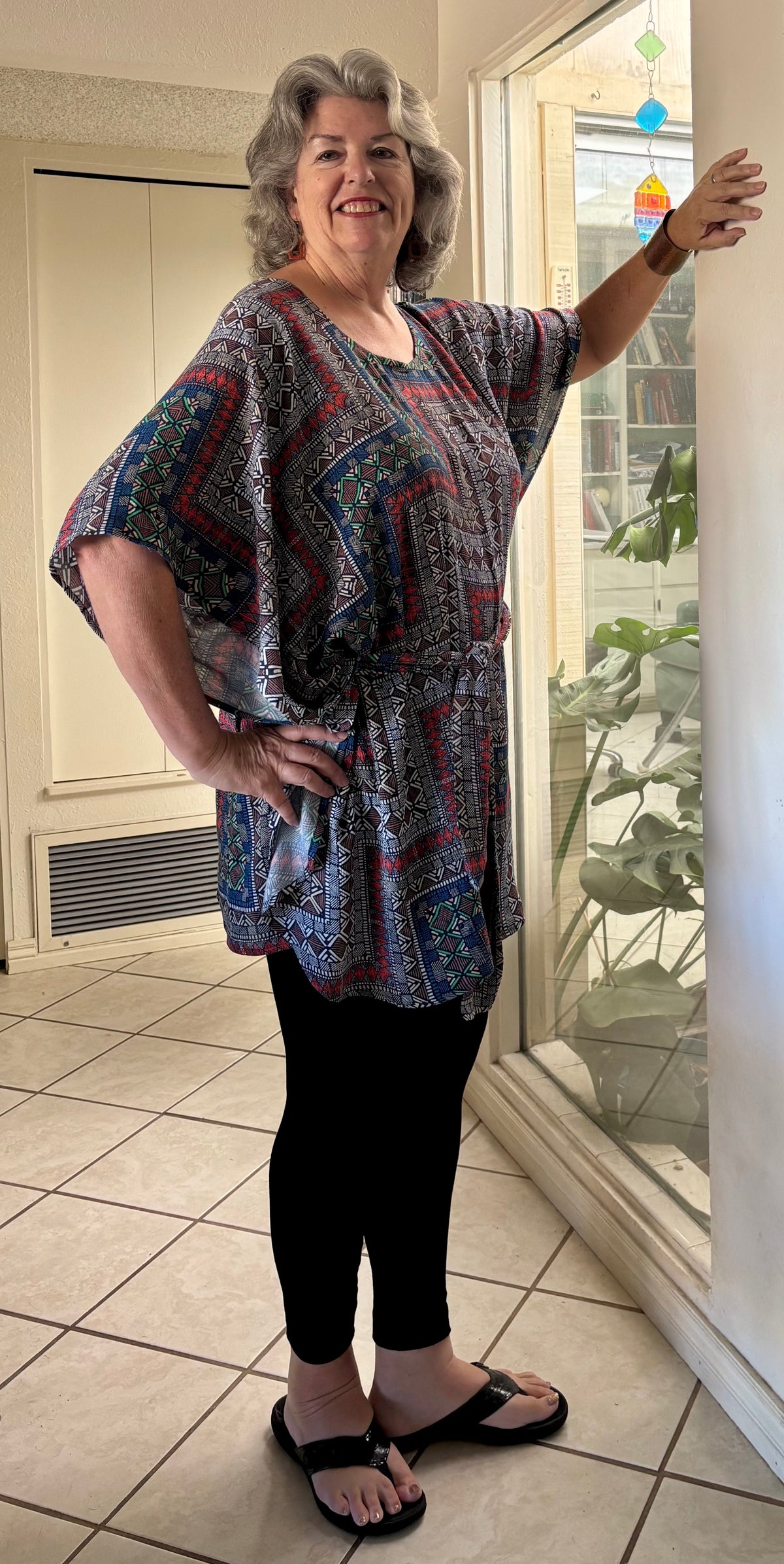 Casual AnyWear Tunic with Sash, Red, Black and Blue Rayon Fabric,  Plus Size, Cruise Resort Wear
