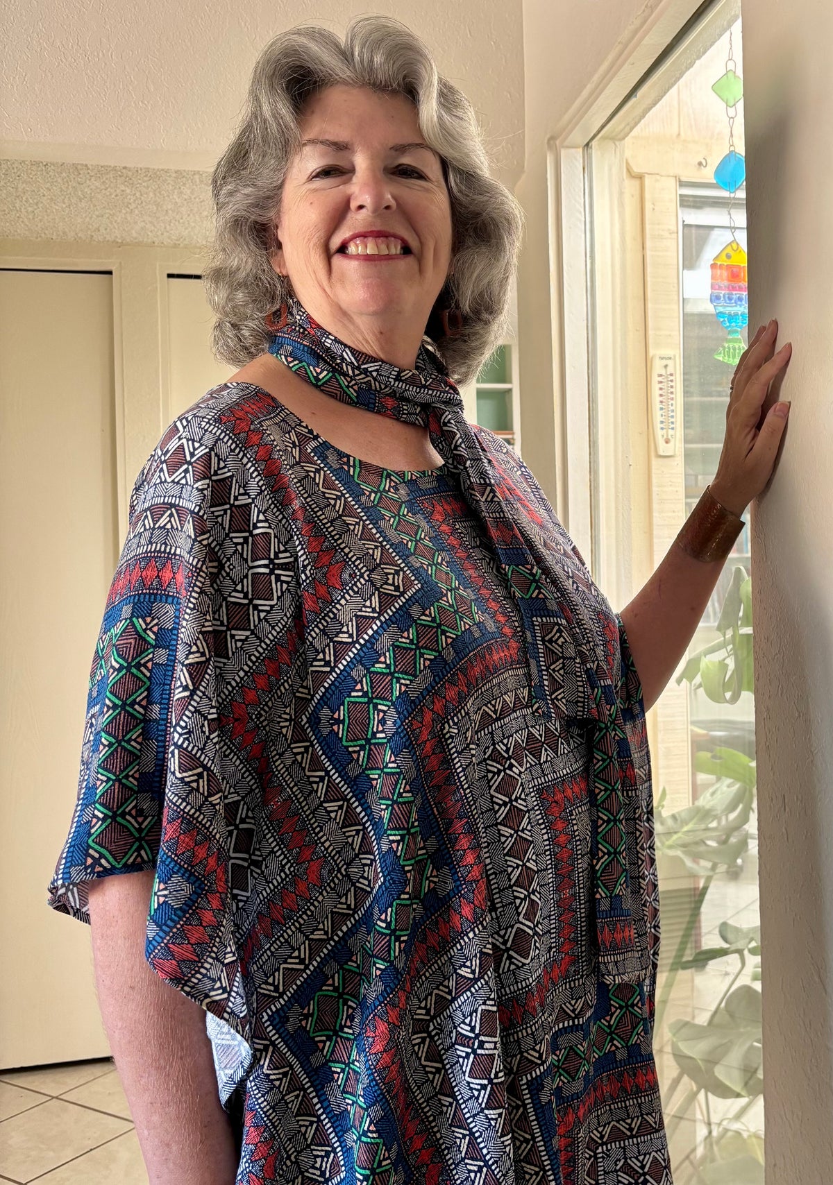 Casual AnyWear Tunic with Sash, Red, Black and Blue Rayon Fabric,  Plus Size, Cruise Resort Wear