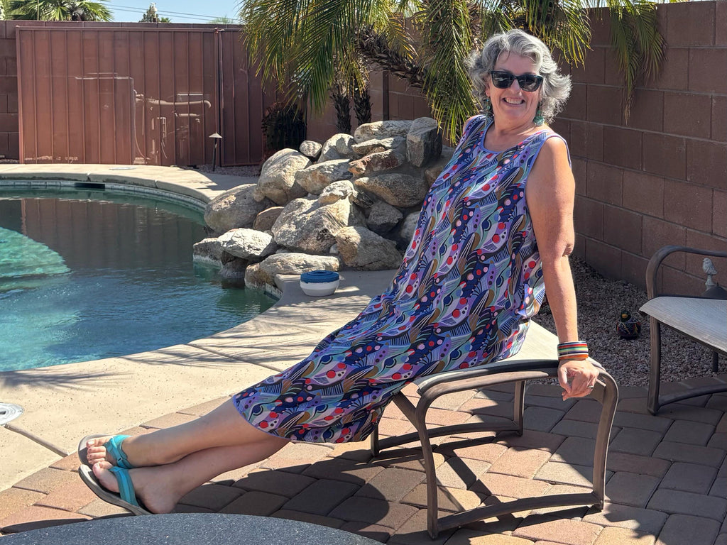 Hand Made Purple Rayon Dress, Reversible Shift,  Sleeveless Casual Cruise and Resort Dress