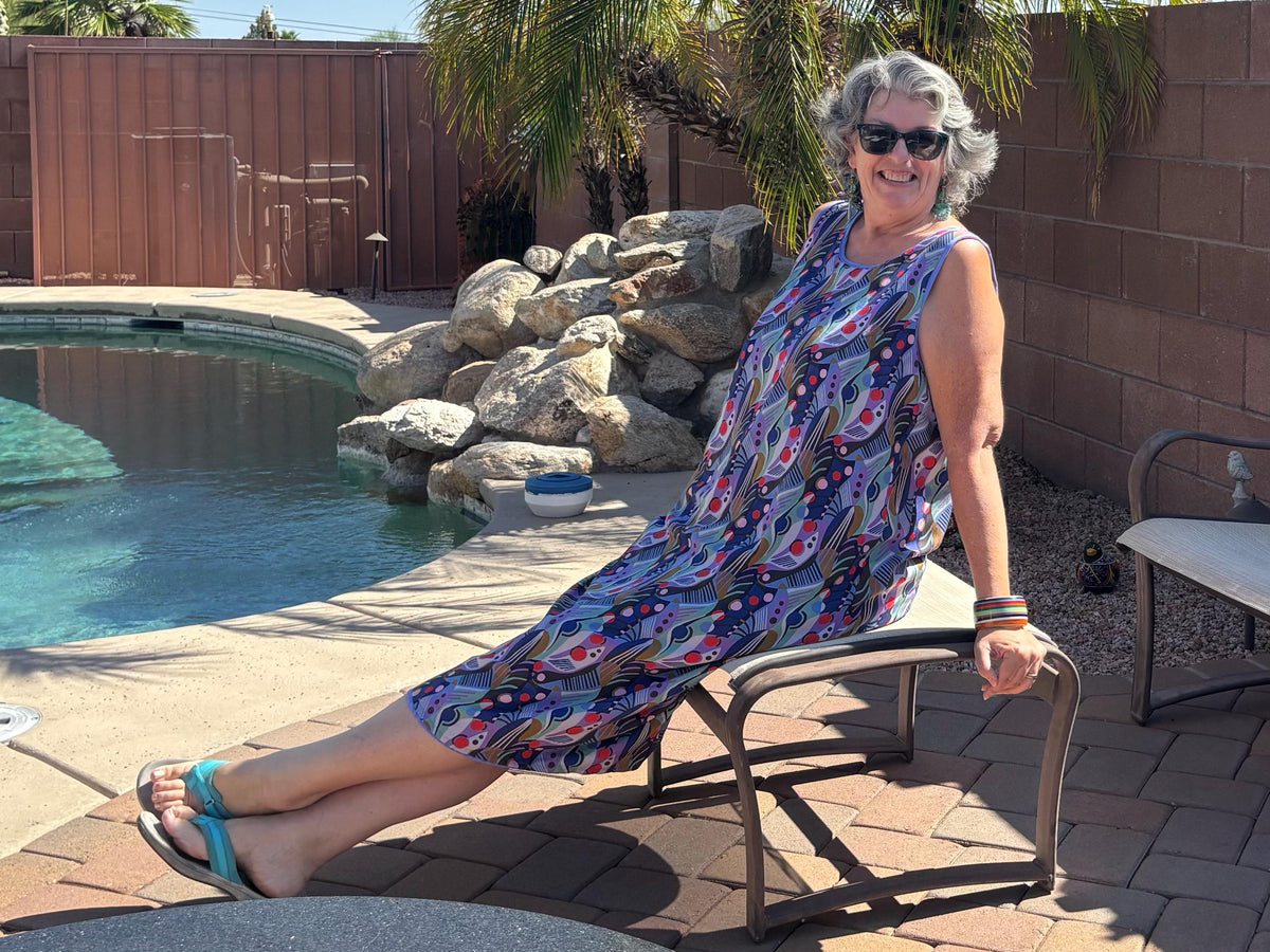 Hand Made Purple Rayon Dress, Reversible Shift,  Sleeveless Casual Cruise and Resort Dress