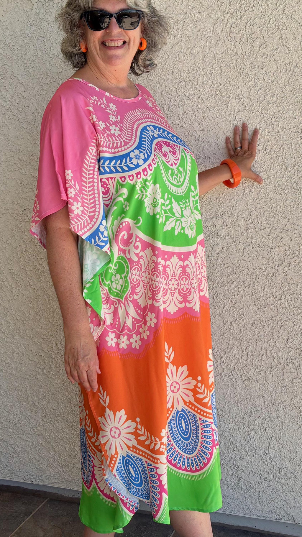 Casual AnyWear Dress, Pink, Orange and Green Rayon Fabric,  Cruise Resort Wear